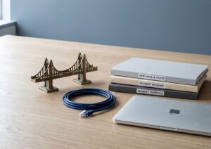 Scrivania con fascicoli etichettati Compliance & Audits, Incident Response e Security Protocols accanto a un ponte in miniatura: il referente CSIRT come raccordo tra azienda e autorità