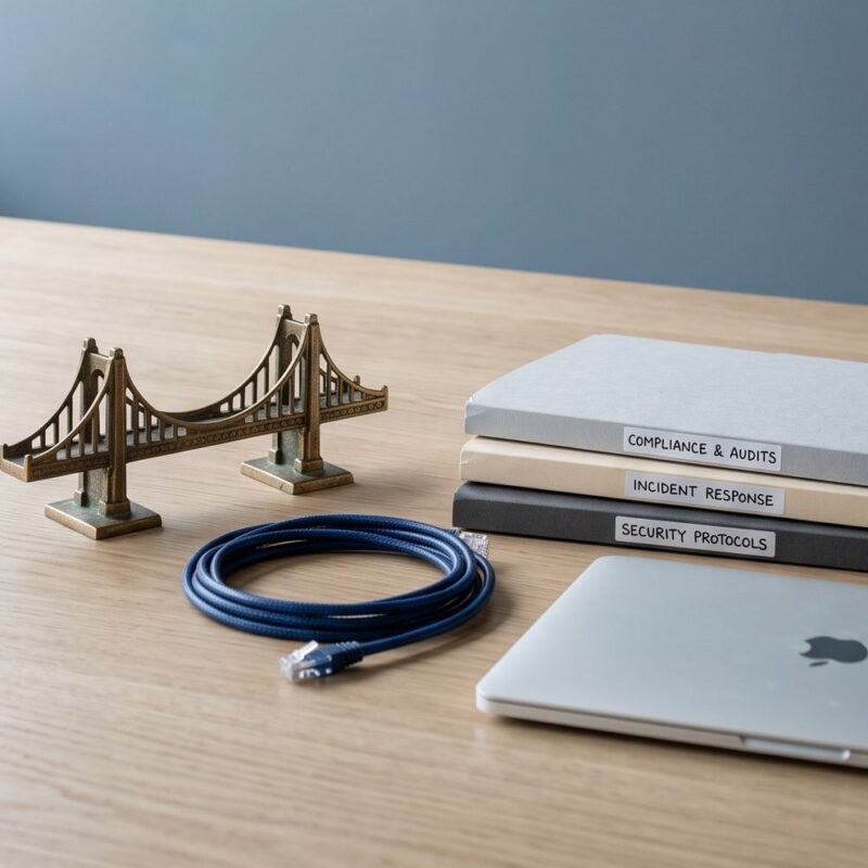 Scrivania con fascicoli etichettati Compliance & Audits, Incident Response e Security Protocols accanto a un ponte in miniatura: il referente CSIRT come raccordo tra azienda e autorità