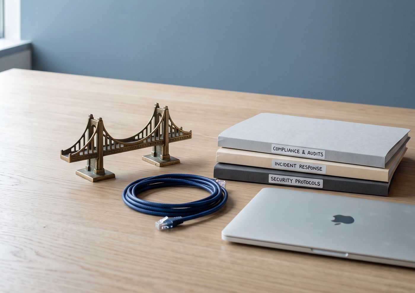 Scrivania con fascicoli etichettati Compliance & Audits, Incident Response e Security Protocols accanto a un ponte in miniatura: il referente CSIRT come raccordo tra azienda e autorità