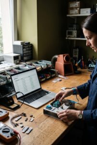 Tecnica al banco di lavoro che registra sul portatile i componenti di una scheda elettronica in una distinta hardware (HBOM)