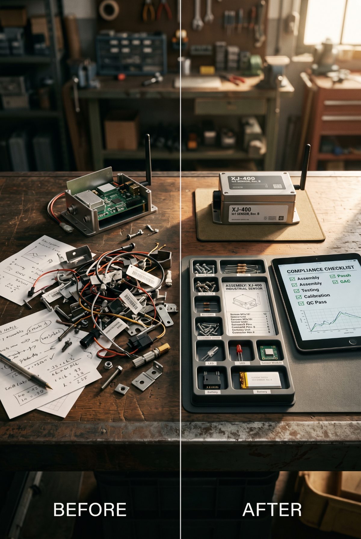 Prima e dopo: componenti elettronici sparsi sul banco e gli stessi componenti ordinati, etichettati e verificati con una checklist di conformità