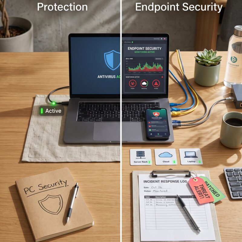Confronto tra protezione antivirus di base e endpoint security avanzata con monitoraggio di server, cloud e laptop
