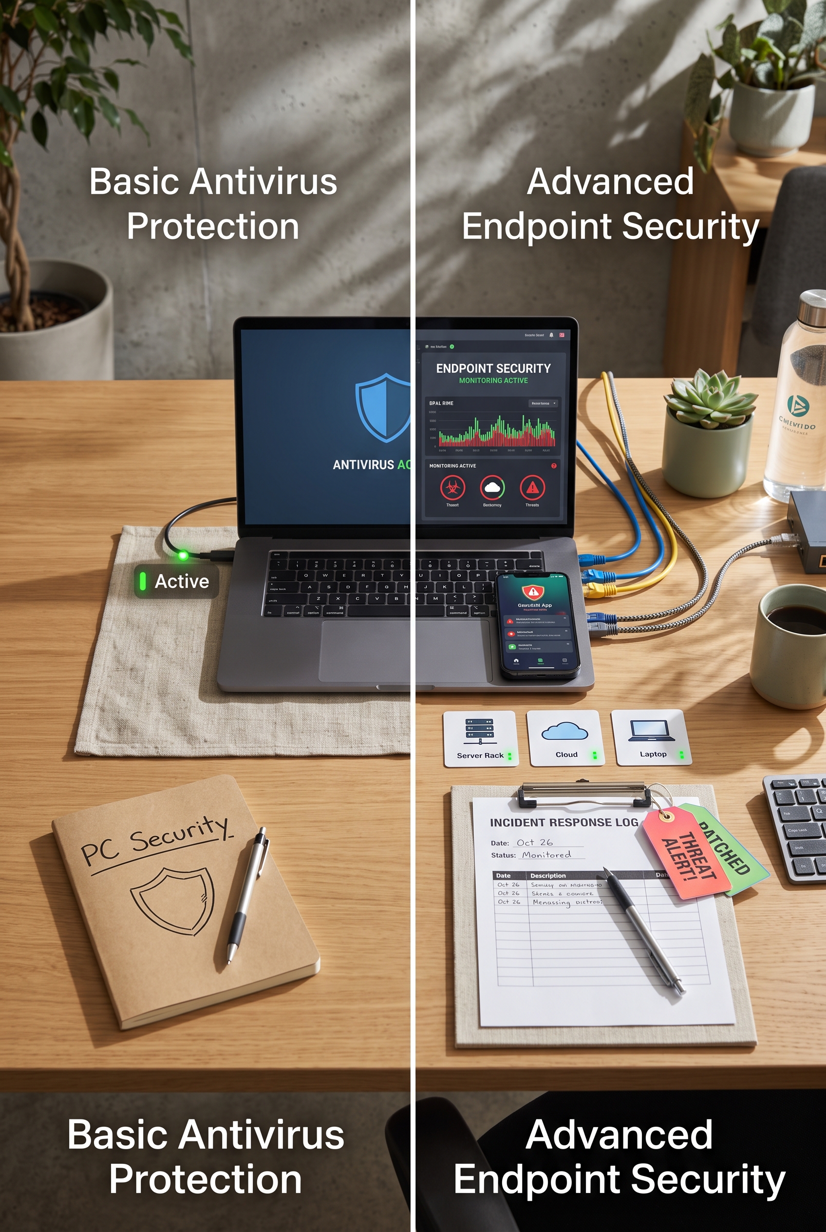 Confronto tra protezione antivirus di base e endpoint security avanzata con monitoraggio di server, cloud e laptop