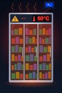 Illustrazione di un frigorifero da supermercato con il display a 50°C, manipolato da remoto attraverso un accesso non autorizzato
