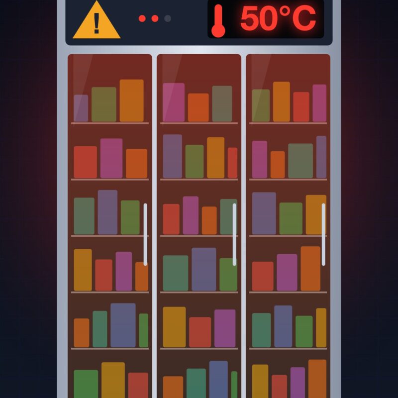 Illustrazione di un frigorifero da supermercato con il display a 50°C, manipolato da remoto attraverso un accesso non autorizzato