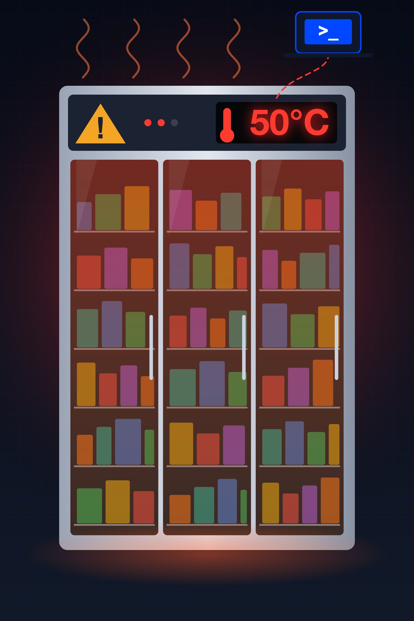 Illustrazione di un frigorifero da supermercato con il display a 50°C, manipolato da remoto attraverso un accesso non autorizzato